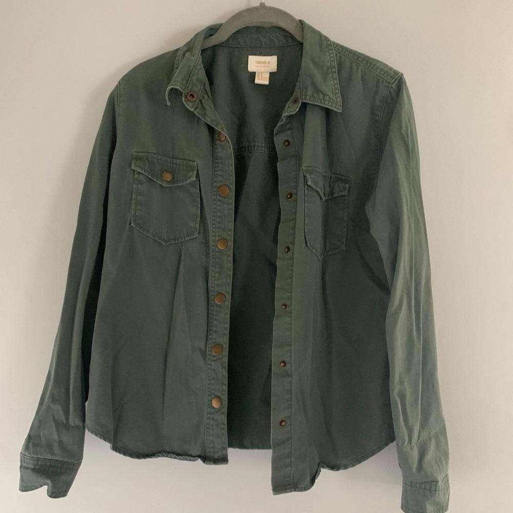 Olive green “shacket”, over shirt